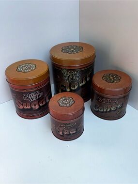 Vintage 70s set of 4 kitchen canisters: flour, sugar, coffee and tea